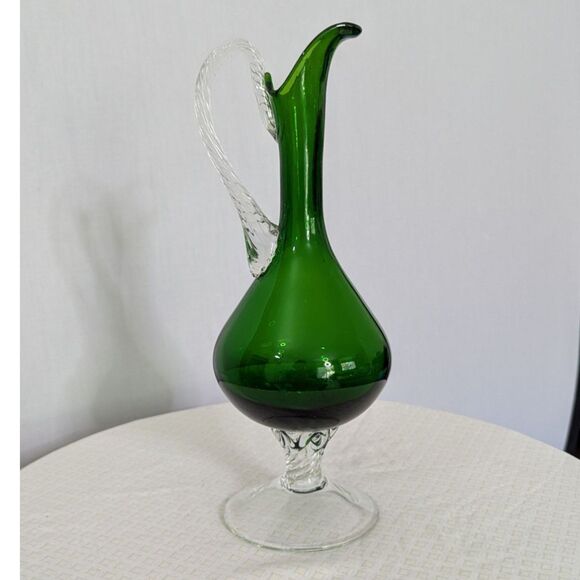 MCM 12” Empoli Rossini ? Hand-Blown Glass Ewer Pitcher in 1960s-1970s Green SEE - Picture 3 of 9